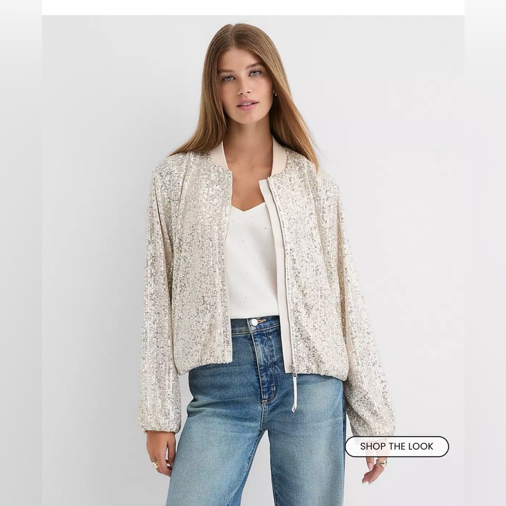 LOFT Shimmering Sequin Bomber Jacket - Silver/tan nwt